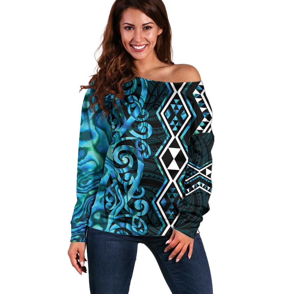 Turquoise Aotearoa Off Shoulder Sweater Taniko Motifs With Paua Shell Kowhaiwhai