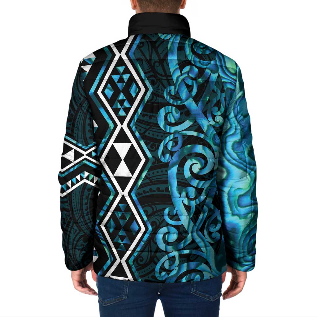 Turquoise Aotearoa Padded Jacket Taniko Motifs With Paua Shell Kowhaiwhai - Polynesian Pride
