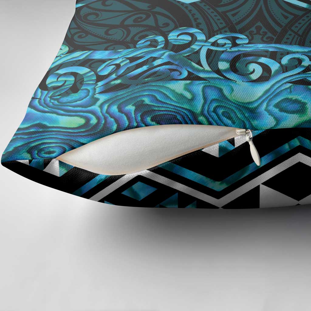 Turquoise Aotearoa Pillow Cover Taniko Motifs With Paua Shell Kowhaiwhai - Polynesian Pride