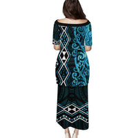 Turquoise Aotearoa Puletasi Taniko Motifs With Paua Shell Kowhaiwhai