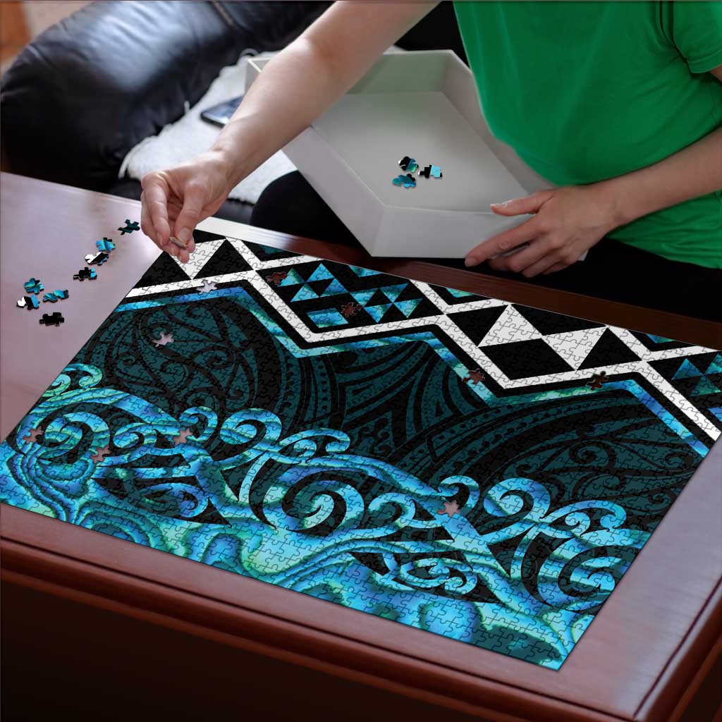 Turquoise Aotearoa Puzzle Taniko Motifs With Paua Shell Kowhaiwhai - Polynesian Pride