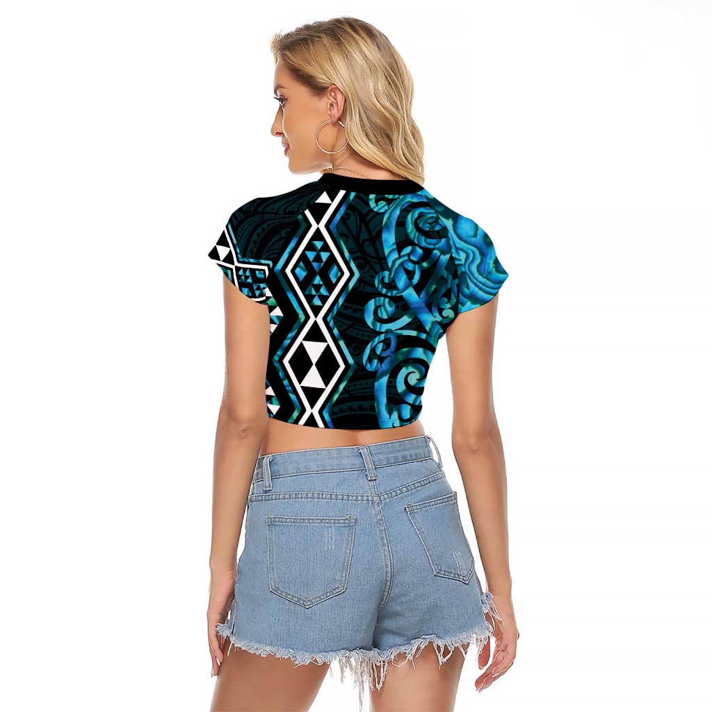 Turquoise Aotearoa Raglan Cropped T Shirt Taniko Motifs With Paua Shell Kowhaiwhai LT14 - Polynesian Pride