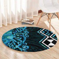 Turquoise Aotearoa Round Carpet Taniko Motifs With Paua Shell Kowhaiwhai LT14 - Polynesian Pride
