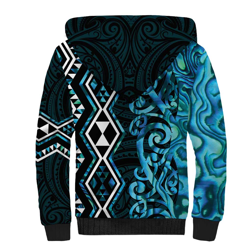 Turquoise Aotearoa Sherpa Hoodie Taniko Motifs With Paua Shell Kowhaiwhai
