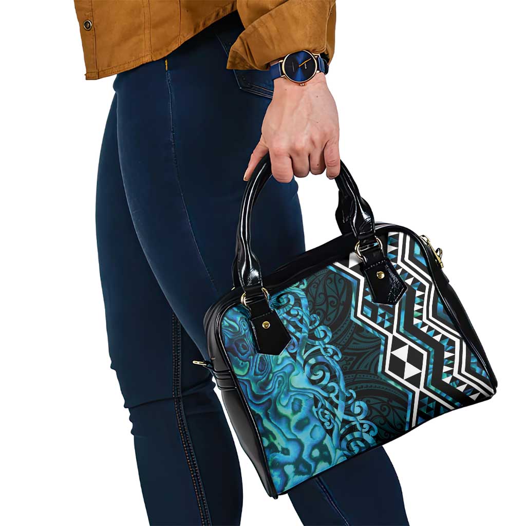 Turquoise Aotearoa Shoulder Handbag Taniko Motifs With Paua Shell Kowhaiwhai