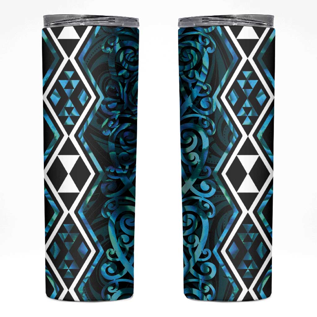 Turquoise Aotearoa Skinny Tumbler Taniko Motifs With Paua Shell Kowhaiwhai