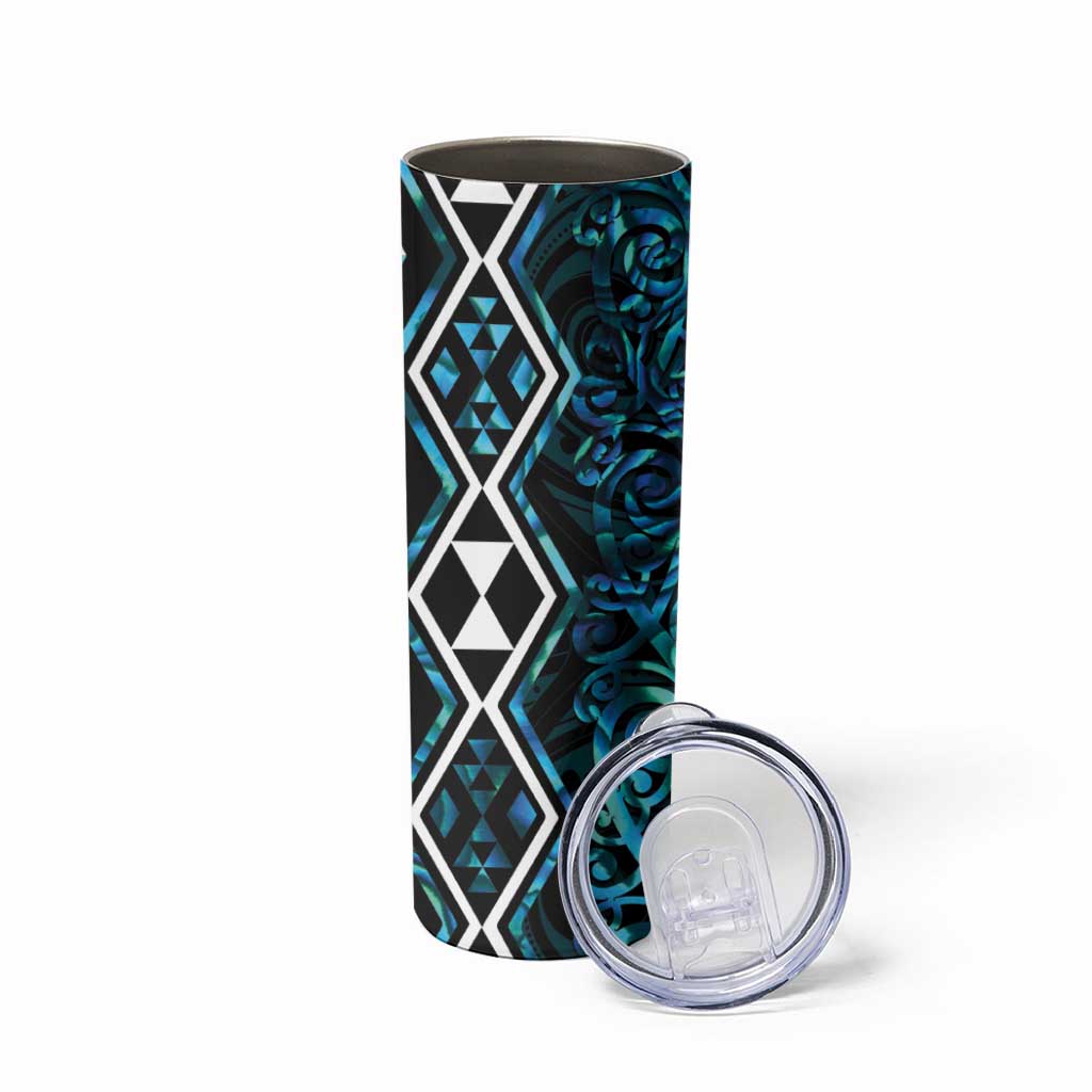 Turquoise Aotearoa Skinny Tumbler Taniko Motifs With Paua Shell Kowhaiwhai