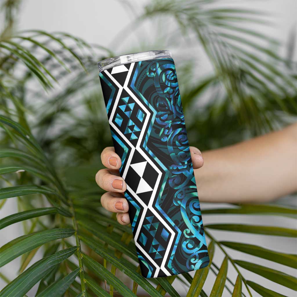 Turquoise Aotearoa Skinny Tumbler Taniko Motifs With Paua Shell Kowhaiwhai