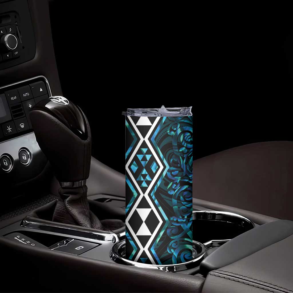 Turquoise Aotearoa Skinny Tumbler Taniko Motifs With Paua Shell Kowhaiwhai