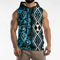 Turquoise Aotearoa Sleeveless Hoodie Taniko Motifs With Paua Shell Kowhaiwhai - Polynesian Pride