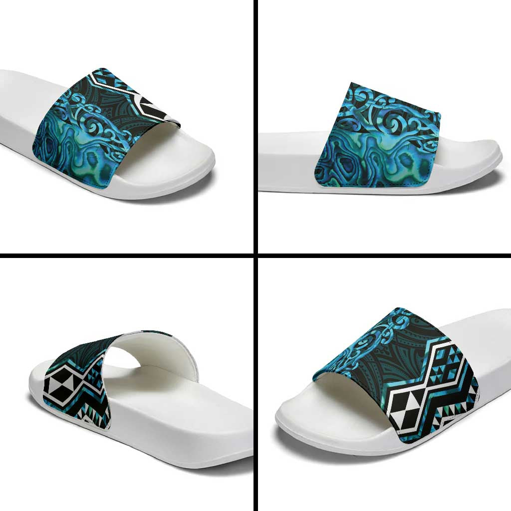 Turquoise Aotearoa Slide Sandals Taniko Motifs With Paua Shell Kowhaiwhai - Polynesian Pride