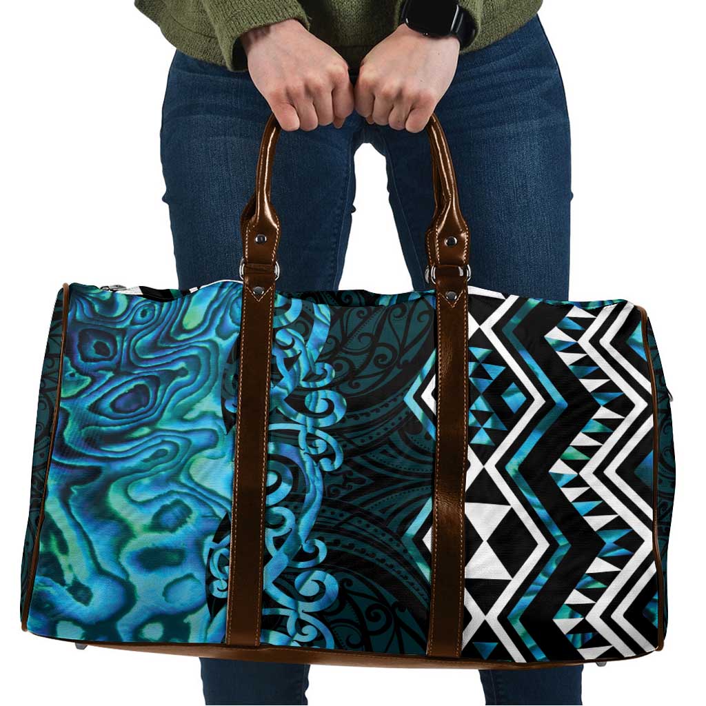 Turquoise Aotearoa Travel Bag Taniko Motifs With Paua Shell Kowhaiwhai - Polynesian Pride