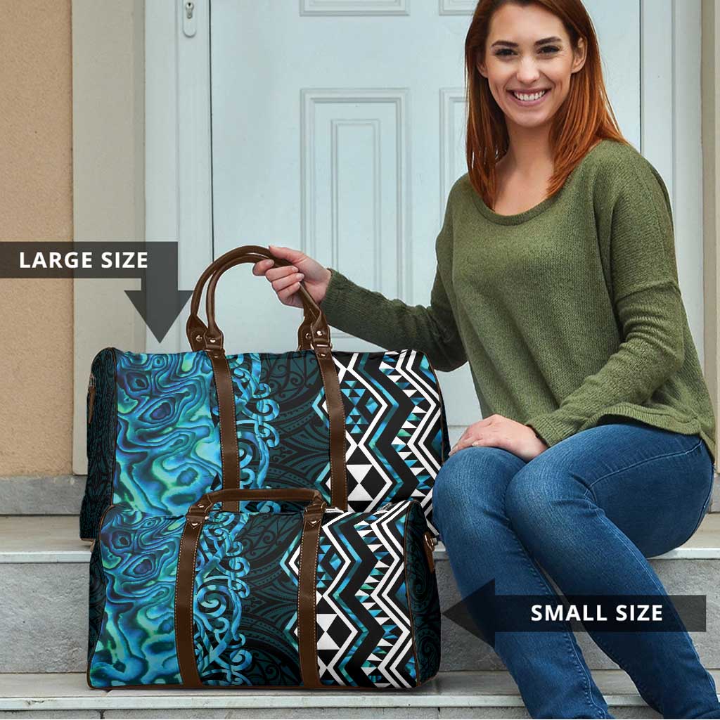 Turquoise Aotearoa Travel Bag Taniko Motifs With Paua Shell Kowhaiwhai - Polynesian Pride