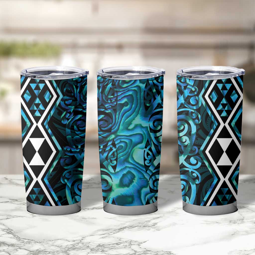 Turquoise Aotearoa Tumbler Cup Taniko Motifs With Paua Shell Kowhaiwhai