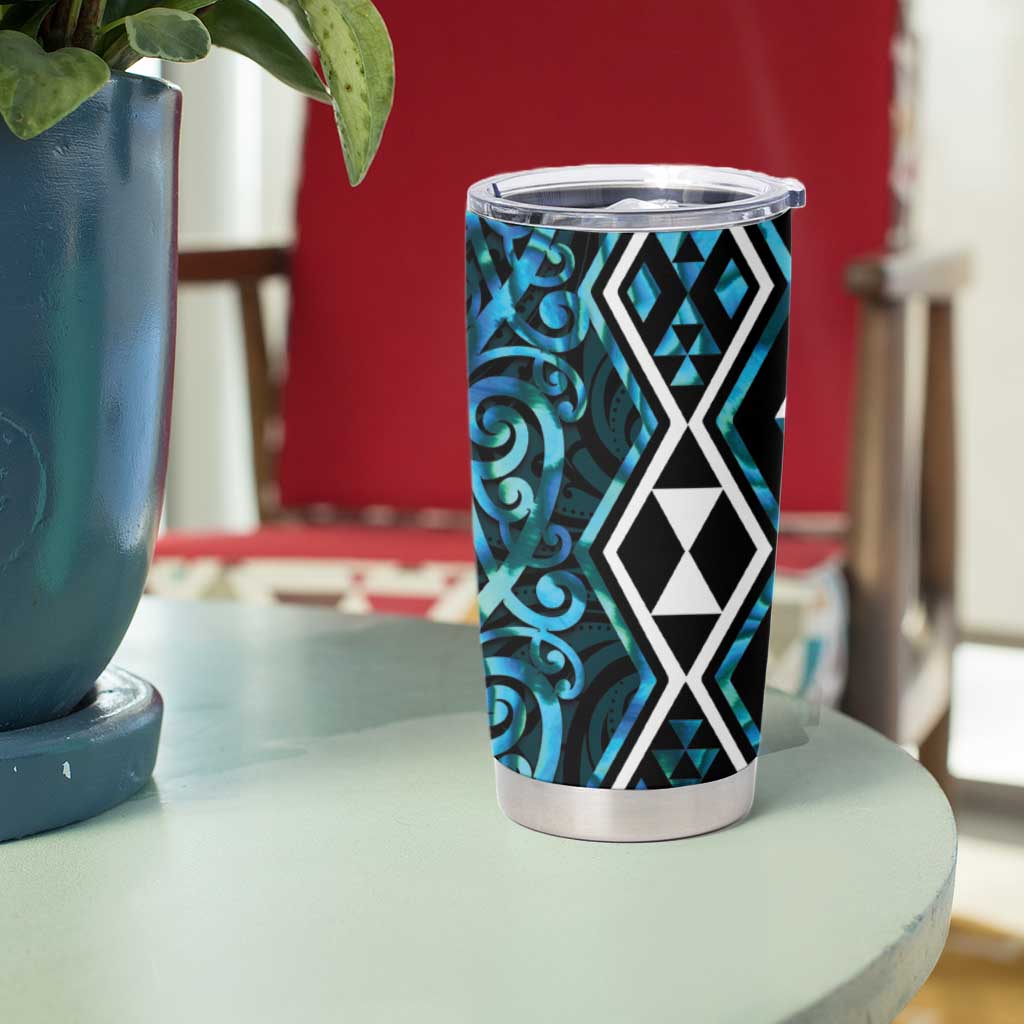 Turquoise Aotearoa Tumbler Cup Taniko Motifs With Paua Shell Kowhaiwhai