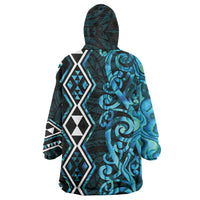 Turquoise Aotearoa Wearable Blanket Hoodie Taniko Motifs With Paua Shell Kowhaiwhai