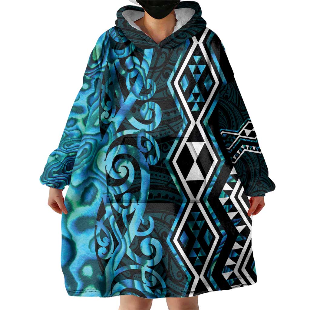 Turquoise Aotearoa Wearable Blanket Hoodie Taniko Motifs With Paua Shell Kowhaiwhai