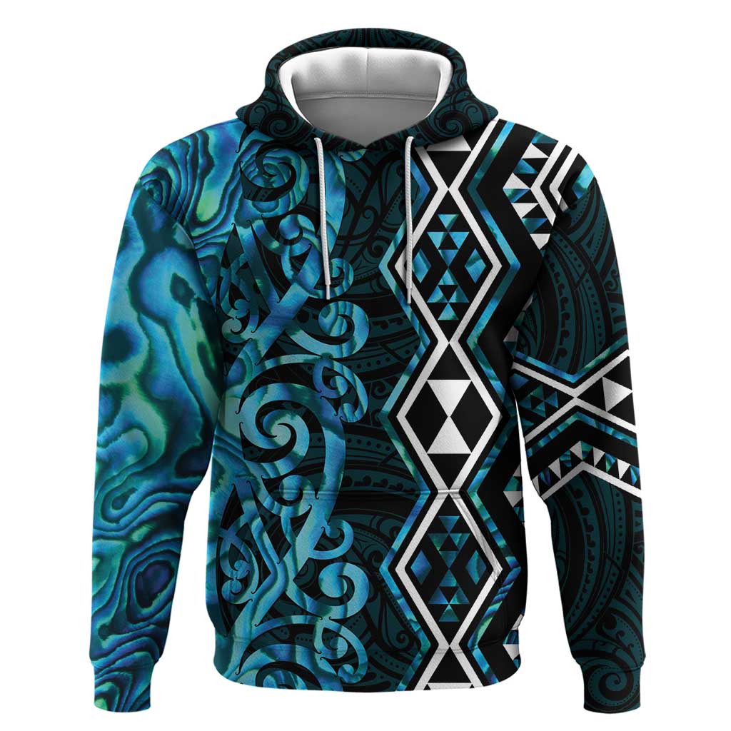Turquoise Aotearoa Zip Hoodie Taniko Motifs With Paua Shell Kowhaiwhai