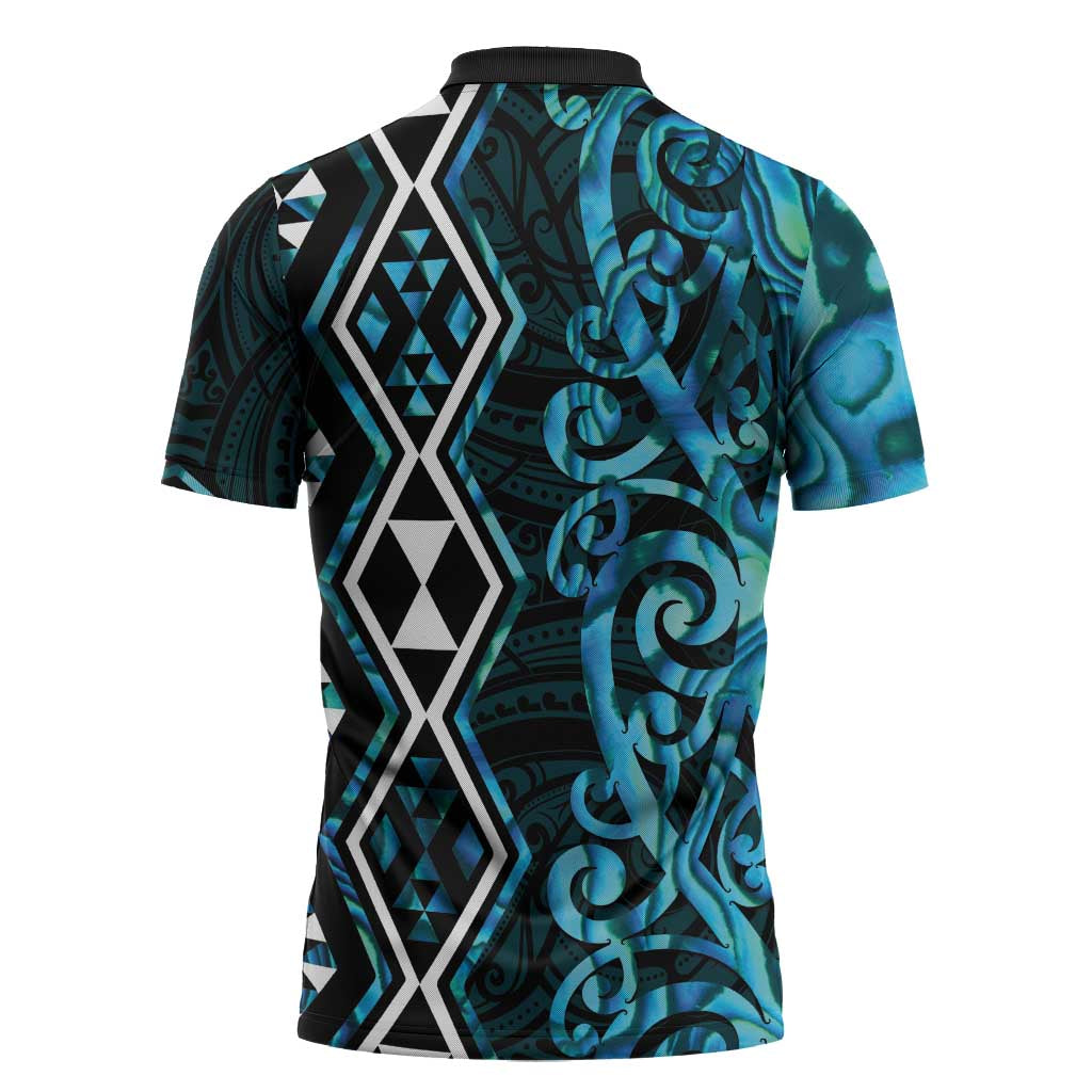Turquoise Aotearoa Zipper Polo Shirt Taniko Motifs With Paua Shell Kowhaiwhai - Polynesian Pride