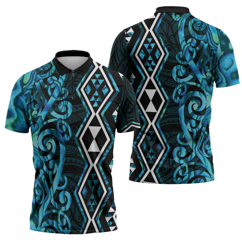 Turquoise Aotearoa Zipper Polo Shirt Taniko Motifs With Paua Shell Kowhaiwhai - Polynesian Pride