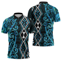 Turquoise Aotearoa Zipper Polo Shirt Taniko Motifs With Paua Shell Kowhaiwhai - Polynesian Pride