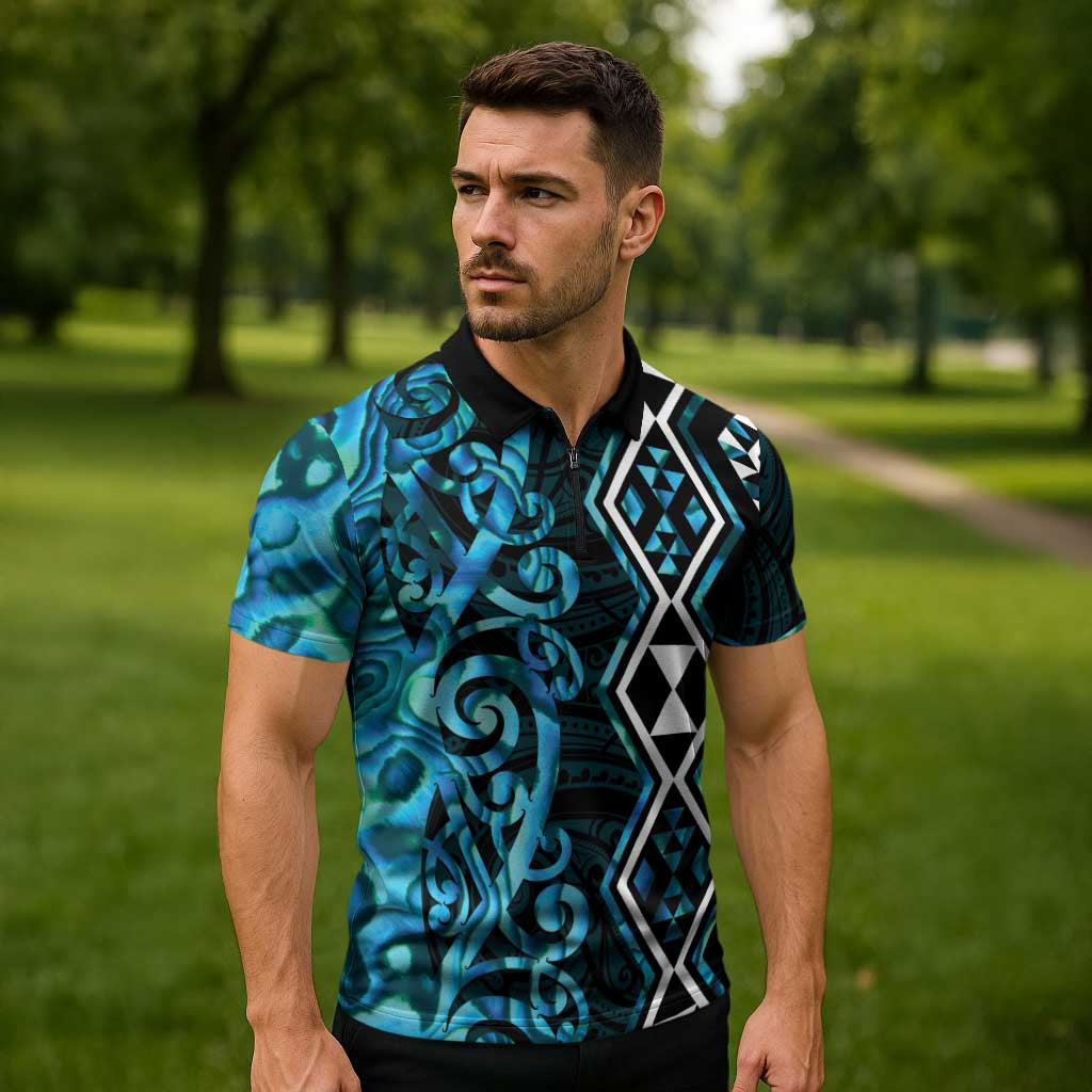 Turquoise Aotearoa Zipper Polo Shirt Taniko Motifs With Paua Shell Kowhaiwhai - Polynesian Pride
