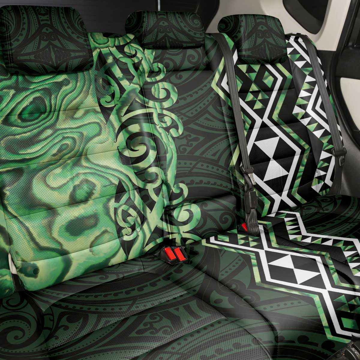 Green Aotearoa Back Car Seat Cover Taniko Motifs With Paua Shell Kowhaiwhai