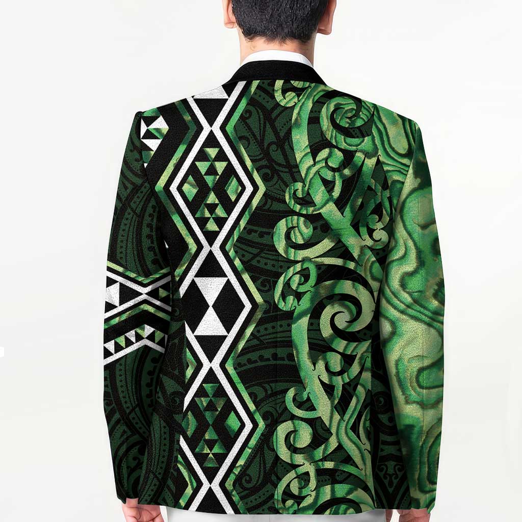 Green Aotearoa Blazer Taniko Motifs With Paua Shell Kowhaiwhai - Polynesian Pride