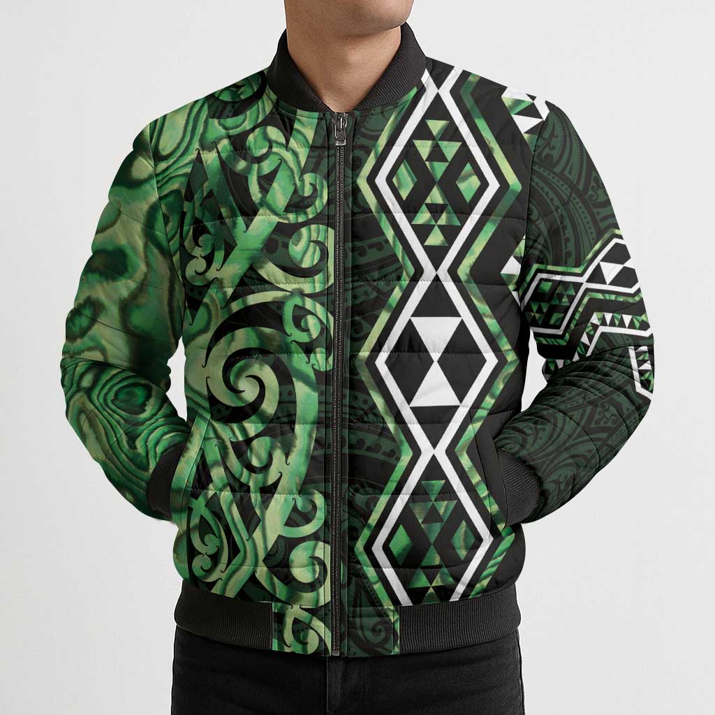 Green Aotearoa Bomber Puffer Jacket Taniko Motifs With Paua Shell Kowhaiwhai - Polynesian Pride