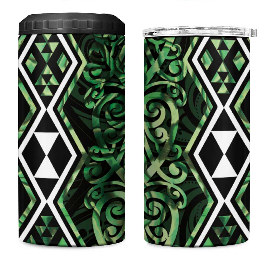 Green Aotearoa 4 in 1 Can Cooler Tumbler Taniko Motifs With Paua Shell Kowhaiwhai