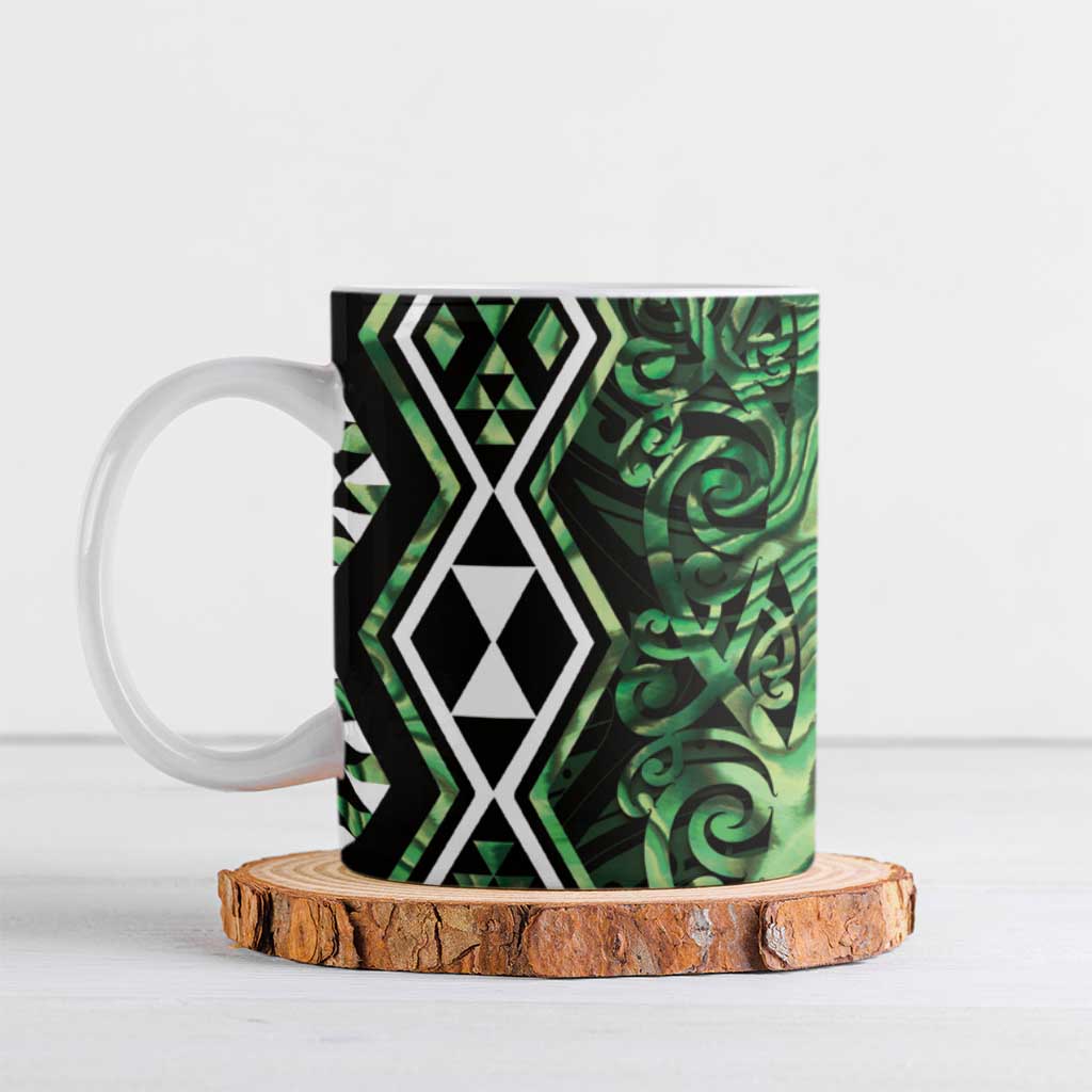 Green Aotearoa Ceramic Mug Taniko Motifs With Paua Shell Kowhaiwhai - Polynesian Pride