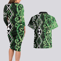 Green Aotearoa Couples Matching Long Sleeve Bodycon Dress and Hawaiian Shirt Taniko Motifs With Paua Shell Kowhaiwhai