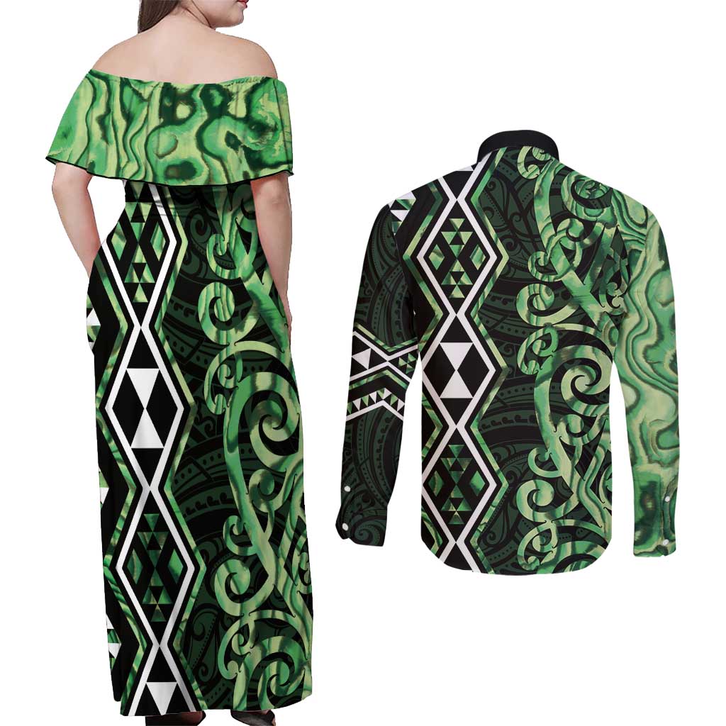 Green Aotearoa Couples Matching Off Shoulder Maxi Dress and Long Sleeve Button Shirt Taniko Motifs With Paua Shell Kowhaiwhai