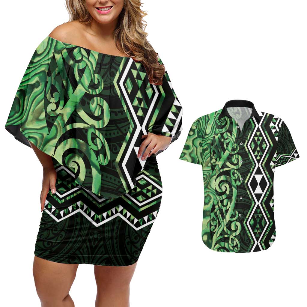 Green Aotearoa Couples Matching Off Shoulder Short Dress and Hawaiian Shirt Taniko Motifs With Paua Shell Kowhaiwhai