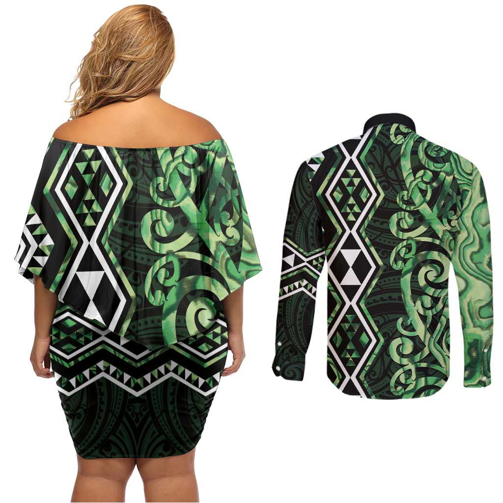 Green Aotearoa Couples Matching Off Shoulder Short Dress and Long Sleeve Button Shirt Taniko Motifs With Paua Shell Kowhaiwhai