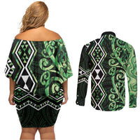 Green Aotearoa Couples Matching Off Shoulder Short Dress and Long Sleeve Button Shirt Taniko Motifs With Paua Shell Kowhaiwhai