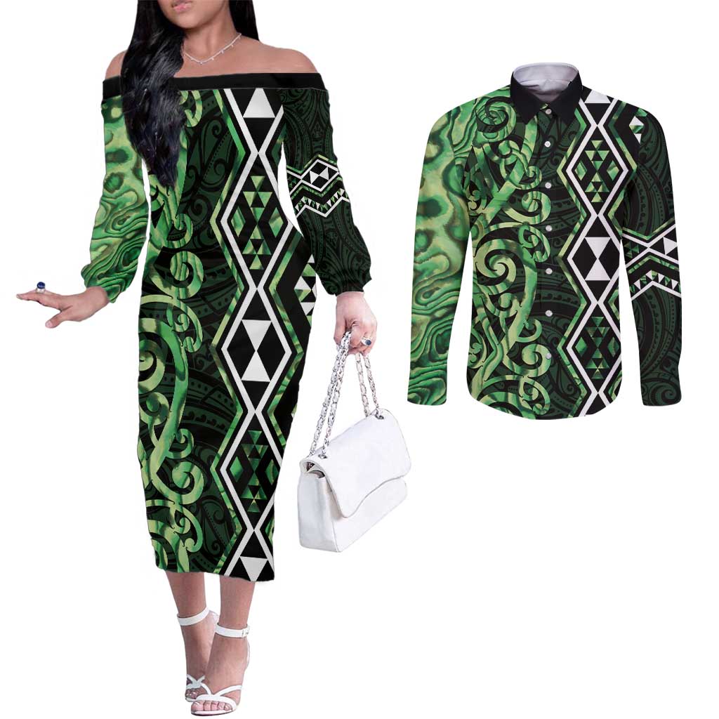 Green Aotearoa Couples Matching Off The Shoulder Long Sleeve Dress and Long Sleeve Button Shirt Taniko Motifs With Paua Shell Kowhaiwhai