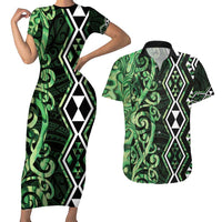 Green Aotearoa Couples Matching Short Sleeve Bodycon Dress and Hawaiian Shirt Taniko Motifs With Paua Shell Kowhaiwhai