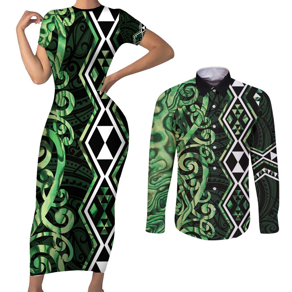 Green Aotearoa Couples Matching Short Sleeve Bodycon Dress and Long Sleeve Button Shirt Taniko Motifs With Paua Shell Kowhaiwhai