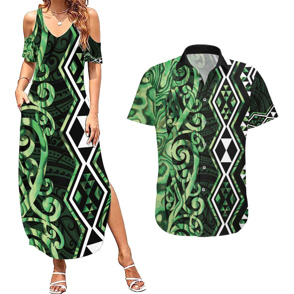 Green Aotearoa Couples Matching Summer Maxi Dress and Hawaiian Shirt Taniko Motifs With Paua Shell Kowhaiwhai