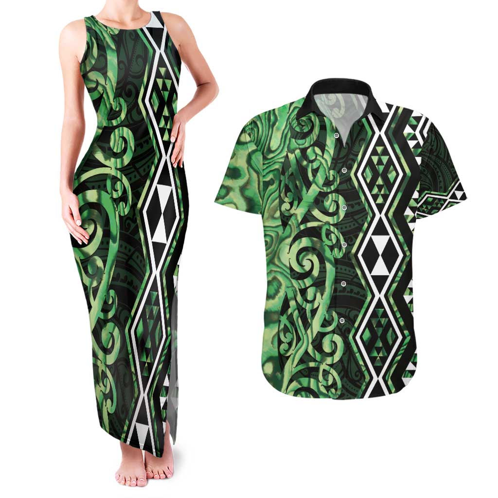 Green Aotearoa Couples Matching Tank Maxi Dress and Hawaiian Shirt Taniko Motifs With Paua Shell Kowhaiwhai