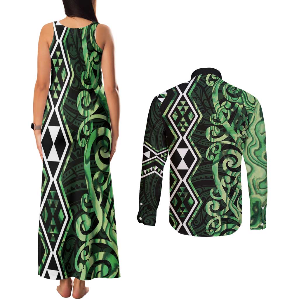 Green Aotearoa Couples Matching Tank Maxi Dress and Long Sleeve Button Shirt Taniko Motifs With Paua Shell Kowhaiwhai
