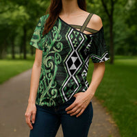 Green Aotearoa Cross Shoulder Shirt Taniko Motifs With Paua Shell Kowhaiwhai - Polynesian Pride
