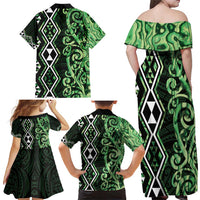 Green Aotearoa Family Matching Off Shoulder Maxi Dress and Hawaiian Shirt Taniko Motifs With Paua Shell Kowhaiwhai