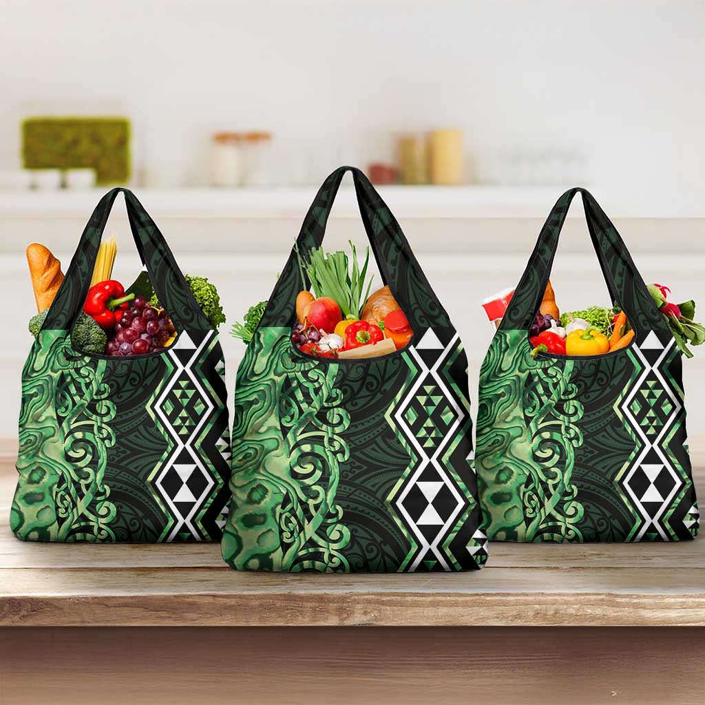 Green Aotearoa Grocery Bag Taniko Motifs With Paua Shell Kowhaiwhai