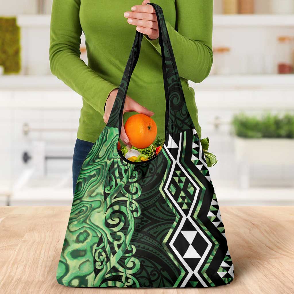 Green Aotearoa Grocery Bag Taniko Motifs With Paua Shell Kowhaiwhai