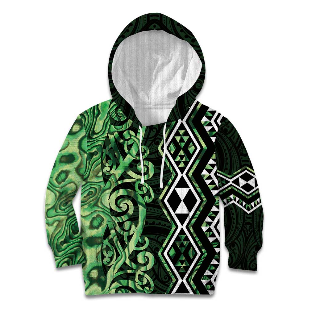 Green Aotearoa Kid Hoodie Taniko Motifs With Paua Shell Kowhaiwhai LT14 Hoodie Green - Polynesian Pride