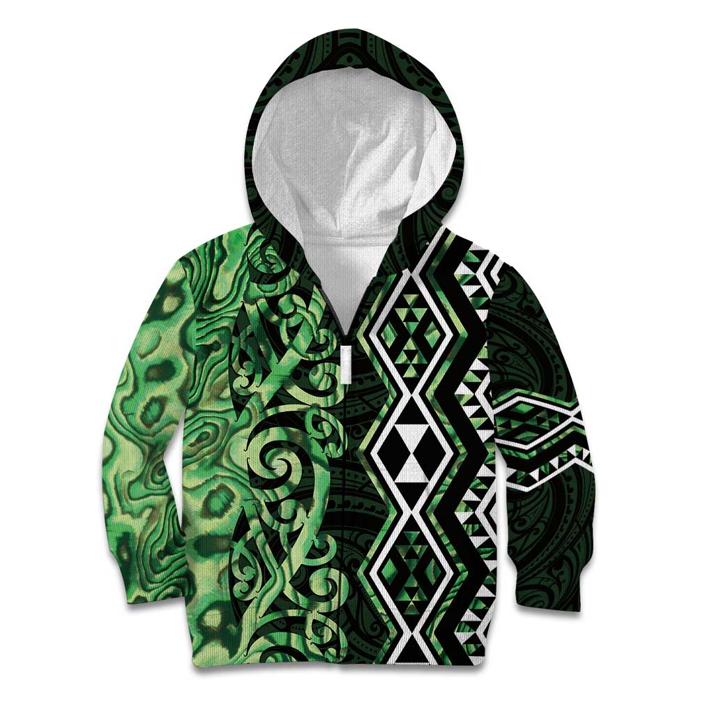 Green Aotearoa Kid Hoodie Taniko Motifs With Paua Shell Kowhaiwhai LT14 Zip Hoodie Green - Polynesian Pride