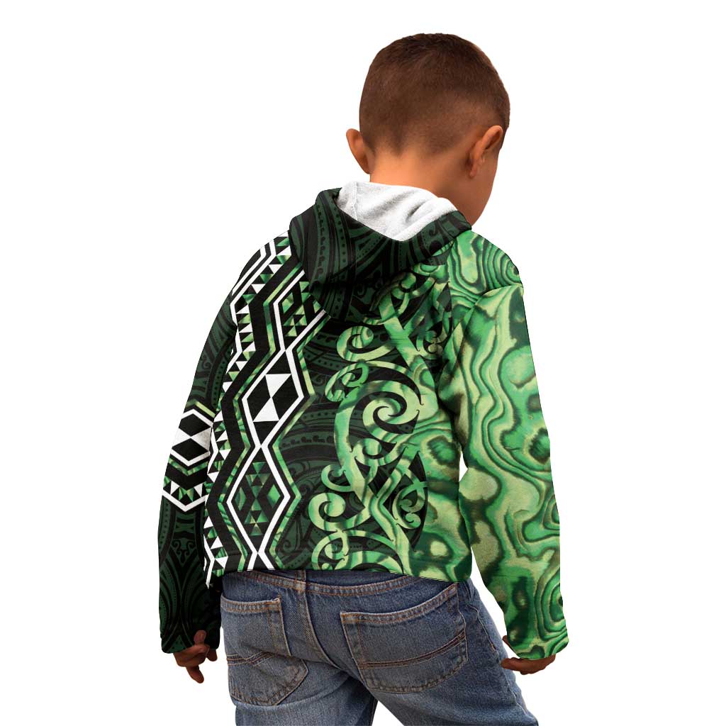 Green Aotearoa Kid Hoodie Taniko Motifs With Paua Shell Kowhaiwhai LT14 - Polynesian Pride