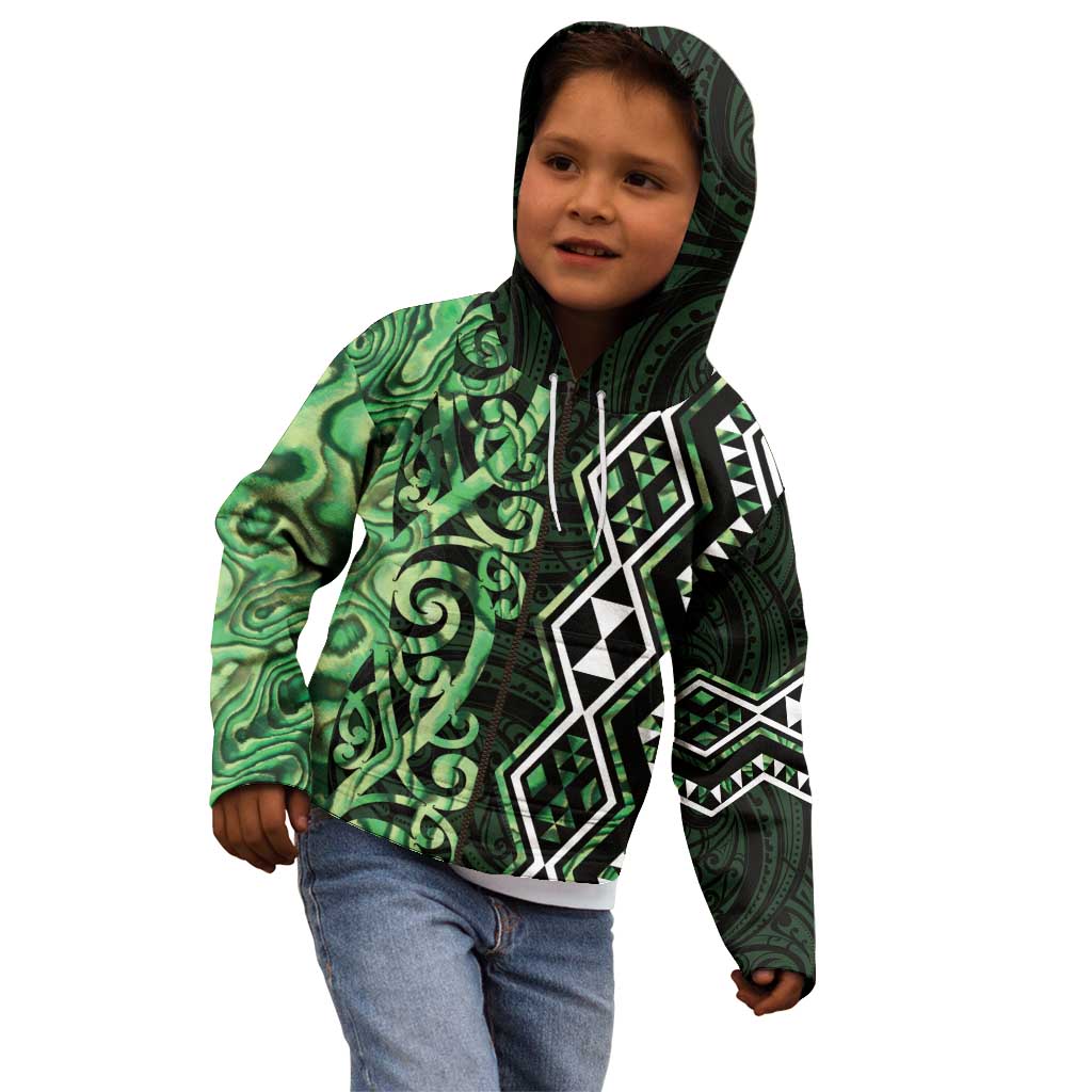 Green Aotearoa Kid Hoodie Taniko Motifs With Paua Shell Kowhaiwhai LT14 - Polynesian Pride